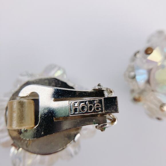 VTG MCM Signed Hobé Clip-On Earrings Aurora Borealis Crystal Cluster 1950s 1960s - Picture 6 of 10